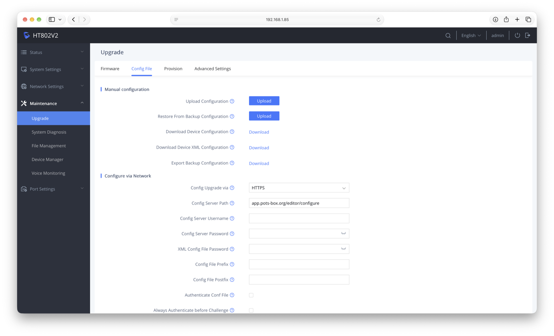 Grandstream adapter settings: Maintenance, Upgrade, Config File, with Config Upgrade via set to HTTPS and Config Server Path set to app.pots-box.org/editor/configure