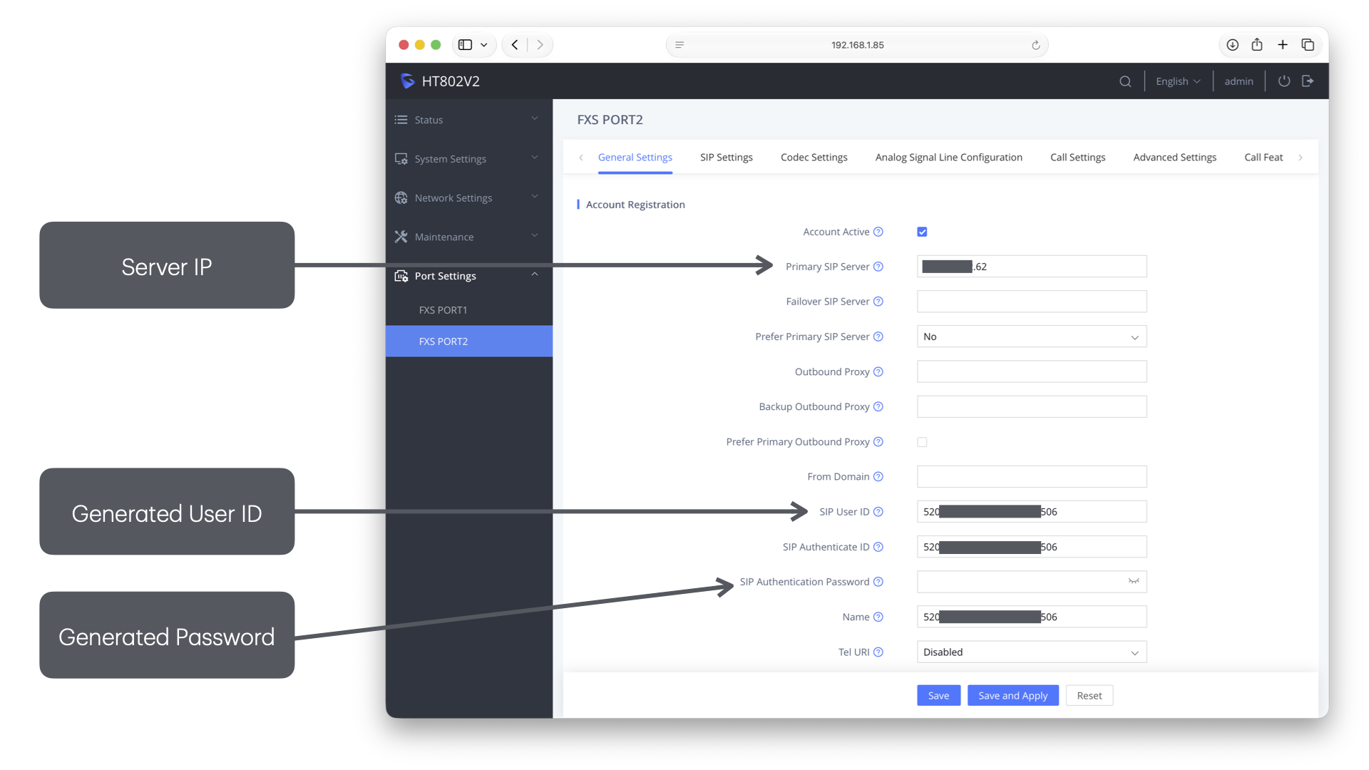 Grandstream adapter Account Registration page with Server, User ID, and Password fields