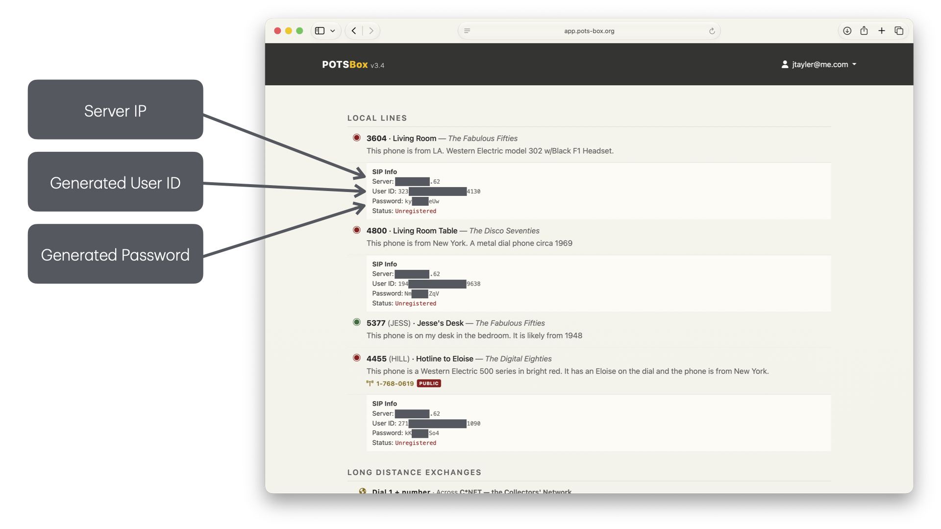 POTSBox White Pages showing a line's Server IP, User ID, and Password